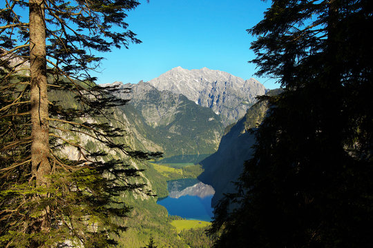 View of the deep valley with lakes of Obersee and Königsee, Berchtesgaden National Park, Germany
