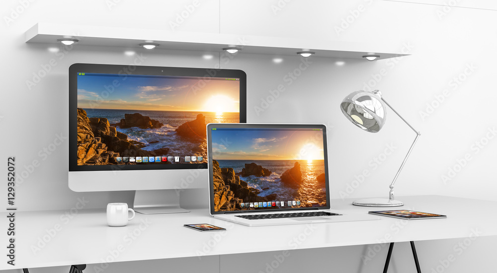 Poster modern white desk interior with computer and devices 3d renderin