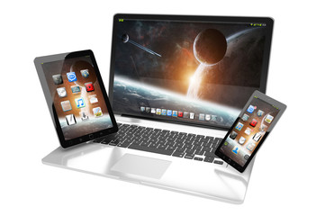 Laptop mobile phone and tablet connected to each other 3D render