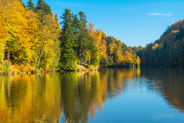 Fototapeta na wymiar Reflection of trees on Trakoscan lake in Zagorje, Croatia, season, colorful autumn landscape 