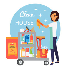 Cleaning service staff, janitor with trolley full of supplies and household equipment tools. Vector icons