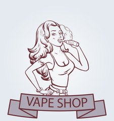 Vape shop logo. Beautiful girl with electronic cigarette. Vape shop banner, concept. Vector illustration