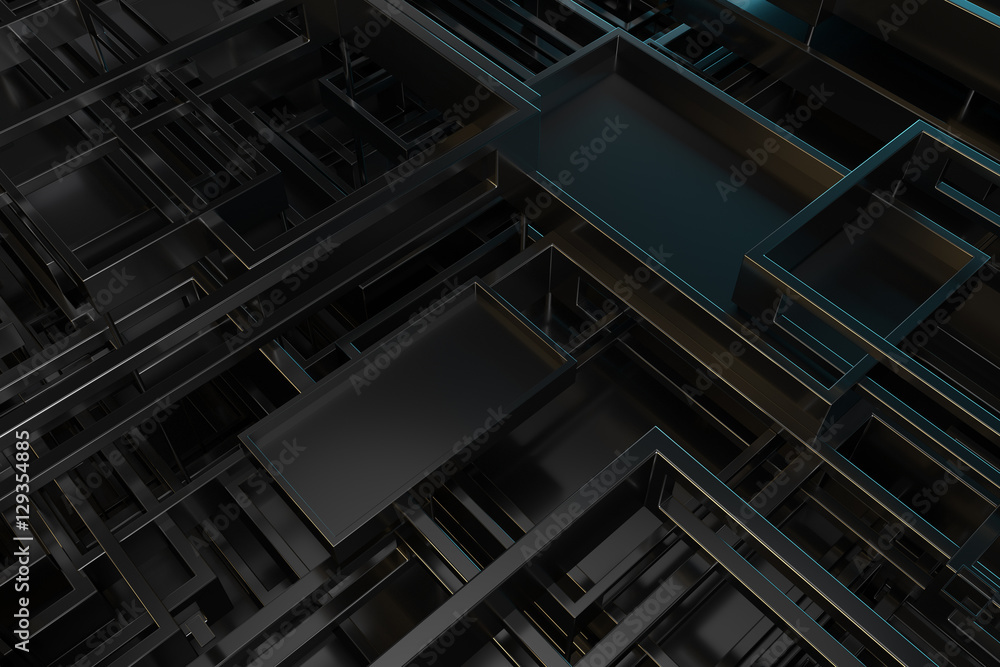 Poster 3d rendering metallic illustration background. intersection of metal forms. layout of random rectang