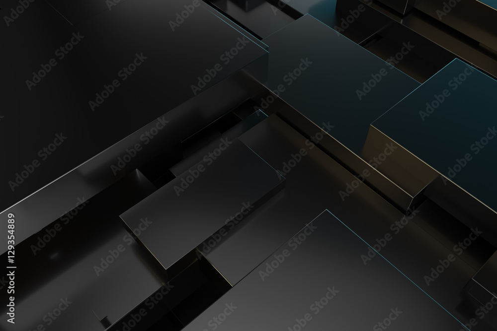 Poster 3d rendering metallic illustration background. intersection of metal forms. layout of random rectang