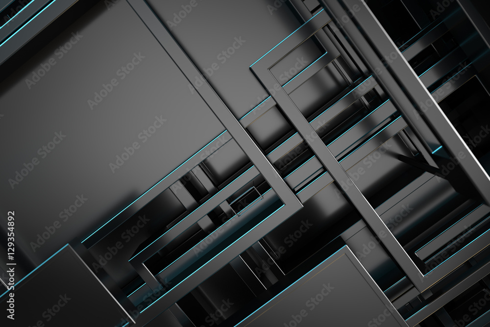 Poster 3d rendering metallic illustration background. intersection of metal forms. layout of random rectang
