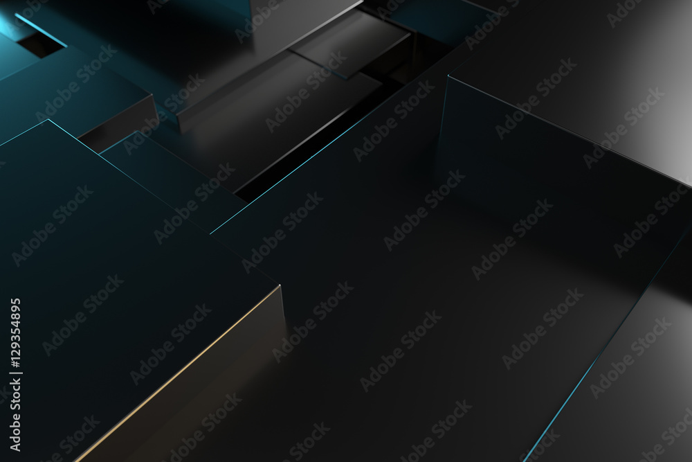 Poster 3d rendering metallic illustration background. intersection of metal forms. layout of random rectang