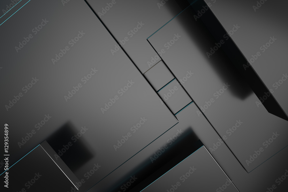 Poster 3d rendering metallic illustration background. intersection of metal forms. layout of random rectang