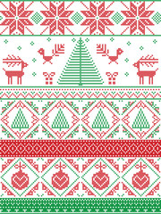 Scandinavian inspired by  Norwegian Christmas and festive winter seamless pattern in cross stitch with Xmas trees, snowflakes, Reindeer, Robin Bird, heart, Christmas bauble in red, green
