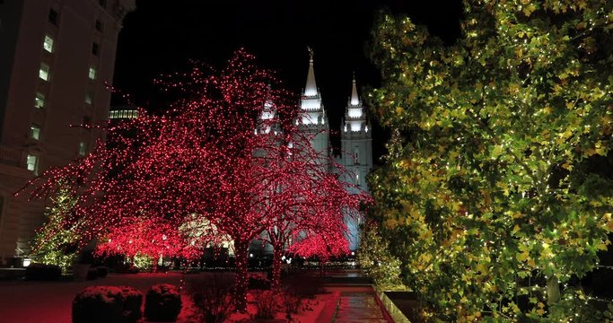 LDS Temple Salt Lake City Utah night Christmas. The Church of Jesus Christ of Latter-day Saints, LDS or Mormon Church. Christmas holiday season, colorful lights. Headquarters Christian religion.