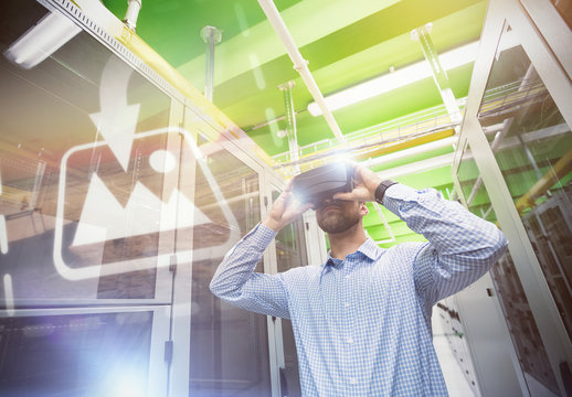 User in Server Room with VR Goggles Mockup