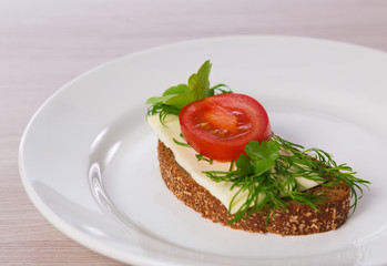 Fototapeta na wymiar Cheese sandwich with parsley and dill tomato.