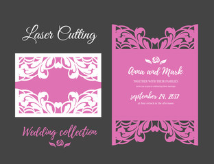 DIY Template for laser cutting. Open card. The front and rear side. vector can be used as an envelope. Wedding die cut invitation . Cutout silhouette    mockup
