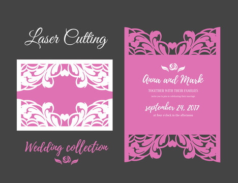 DIY Template For Laser Cutting. Open Card. The Front And Rear Side. Vector Can Be Used As An Envelope. Wedding Die Cut Invitation . Cutout Silhouette    Mockup