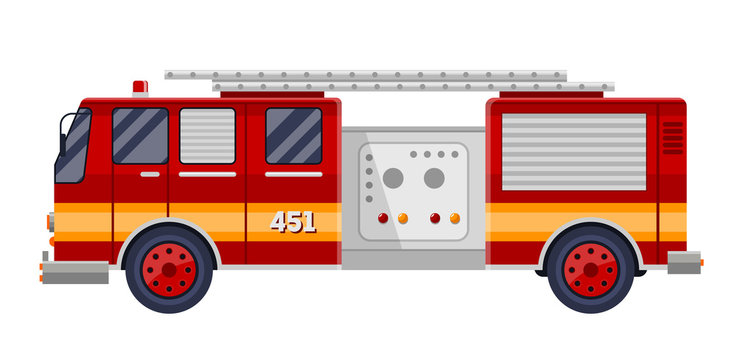 red fire truck engine on white vector illustration.