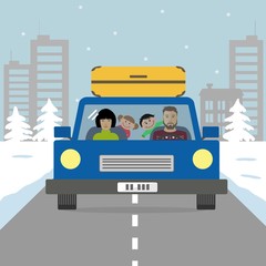 Family goes on vacation. There is a mother and a father with children in a blue car on the background of a winter landscape in the picture. Vector illustration.