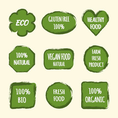 Set of stickers for design labels. Text ECO, Gluten Free 100%, Healthy Food, Natural, Vegan, Farm Fresh Product, BIO, Organic. Background painted brush.