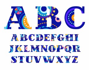 Carnival, English alphabet, vector font, capital letters. The letters of the English alphabet with serifs. Colored circles on blue background. Pattern like fireworks.  