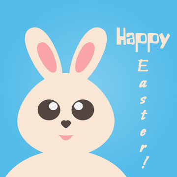 Cute bunny isolated on a blue background. Text Happy Easter!