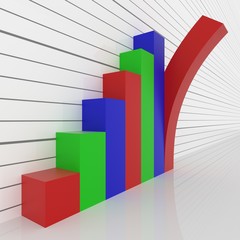 A 3D rendered graph with red, green and blue bars with the last bar tilting  or toppling over.