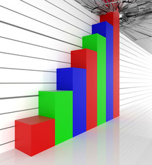 A 3D rendered graph with red, green and blue bars with the last bar breaking through a glass ceiling.