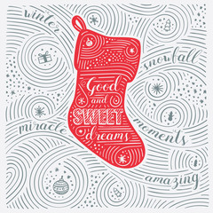 Winter Card. The Lettering - Good And Sweet Dreams. New Year / Christmas Design. Handwritten Swirl Pattern. Vector Illustration.