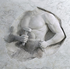 epic background of athletic man cuts his sports body of marble stone