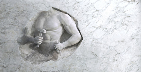 epic background of athletic man cuts his sports body of marble stone