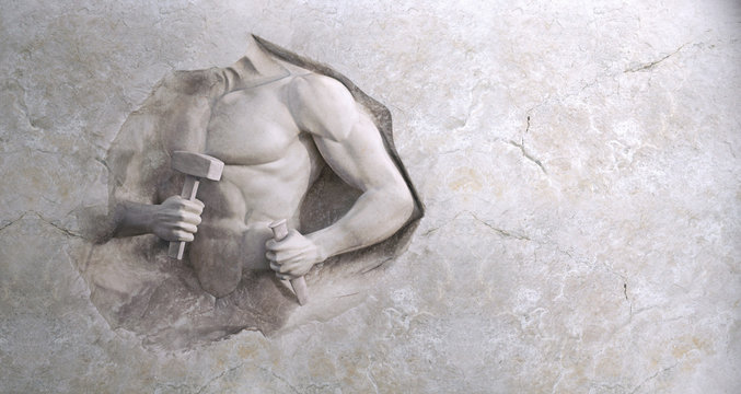 epic background of athletic man cuts his sports body of marble stone