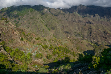 View down the valley towards roque de agando and Vallehermoso, La Gomera, Canary Islands