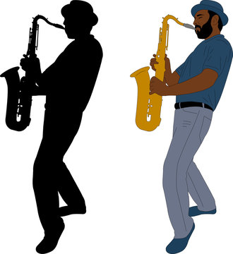 musician plays saxophone illustration and silhouette - vector