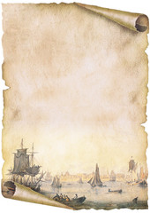 Altes Papier, Papyrusrolle mit historischem Hafenmotiv