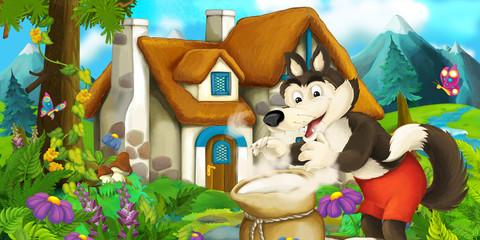 Cartoon scene with wolf near village house with a sack full of flour - illustration for children
