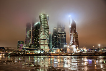  Skyscrapers of Moscow City business complex at foggy night