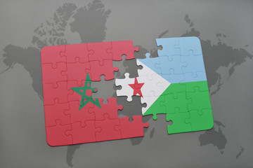 puzzle with the national flag of morocco and djibouti on a world map