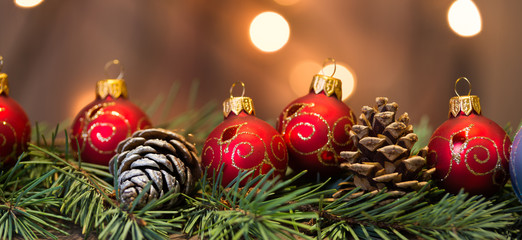 Christmas background with decorations on wooden board