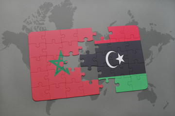 puzzle with the national flag of morocco and libya on a world map