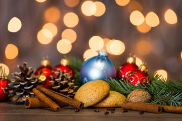 Christmas background with decorations on wooden board