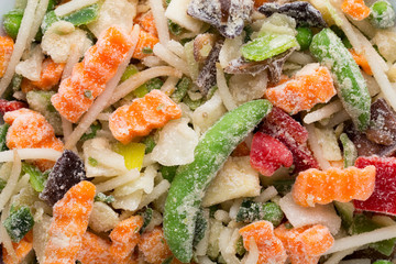 Frozen vegetables in a white plate.