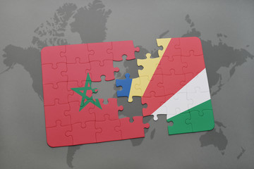 puzzle with the national flag of morocco and seychelles on a world map