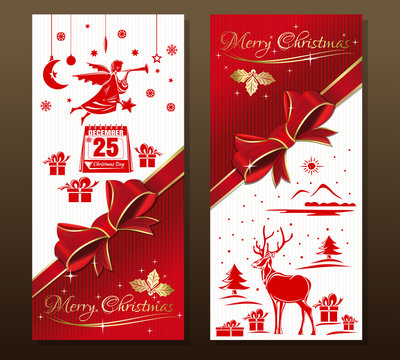 Greeting Christmas card with flying Christmas angel, snowflakes, gift box, holly, forest deer, red ribbon and bow. Christmas calendar. December 25th. Merry Christmas. Vector holiday background