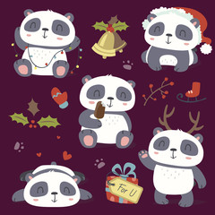 Naklejka premium vector cartoon style cute christmas panda set