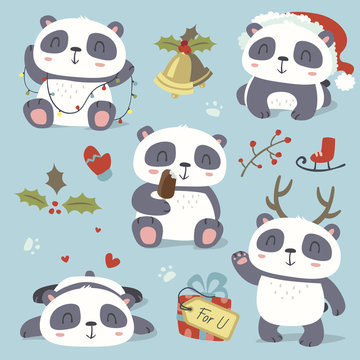 vector cartoon style cute christmas panda set