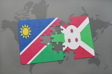 puzzle with the national flag of namibia and burundi on a world map