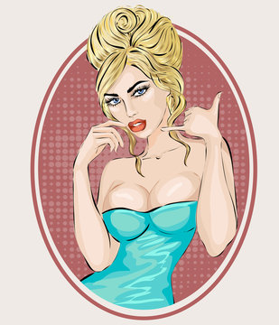 Pin-up sexy woman portrait with call me hand gesture. Pop art drawn vector illustration