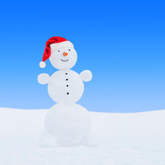 Winter snowman in red Christmas Santa hat on snow at blue sky background. New Year's greeting card concept