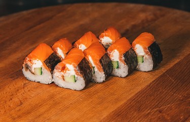sushi set on a wooden tray