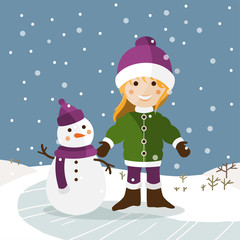 Niña vestida con ropa de invierno y un muñeco de nieve sobre un paisaje nevado