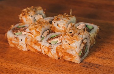 sushi set on a wooden tray