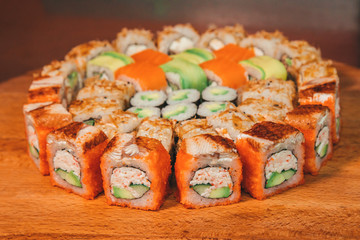 sushi set on a wooden tray