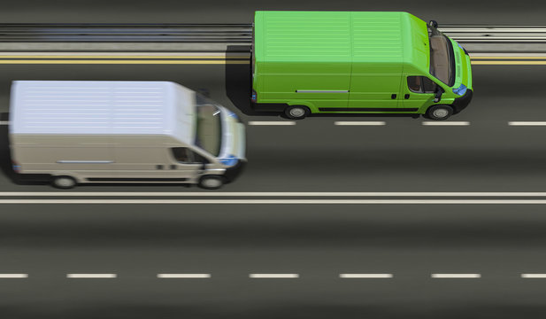 3d design of Vans in motion on highway